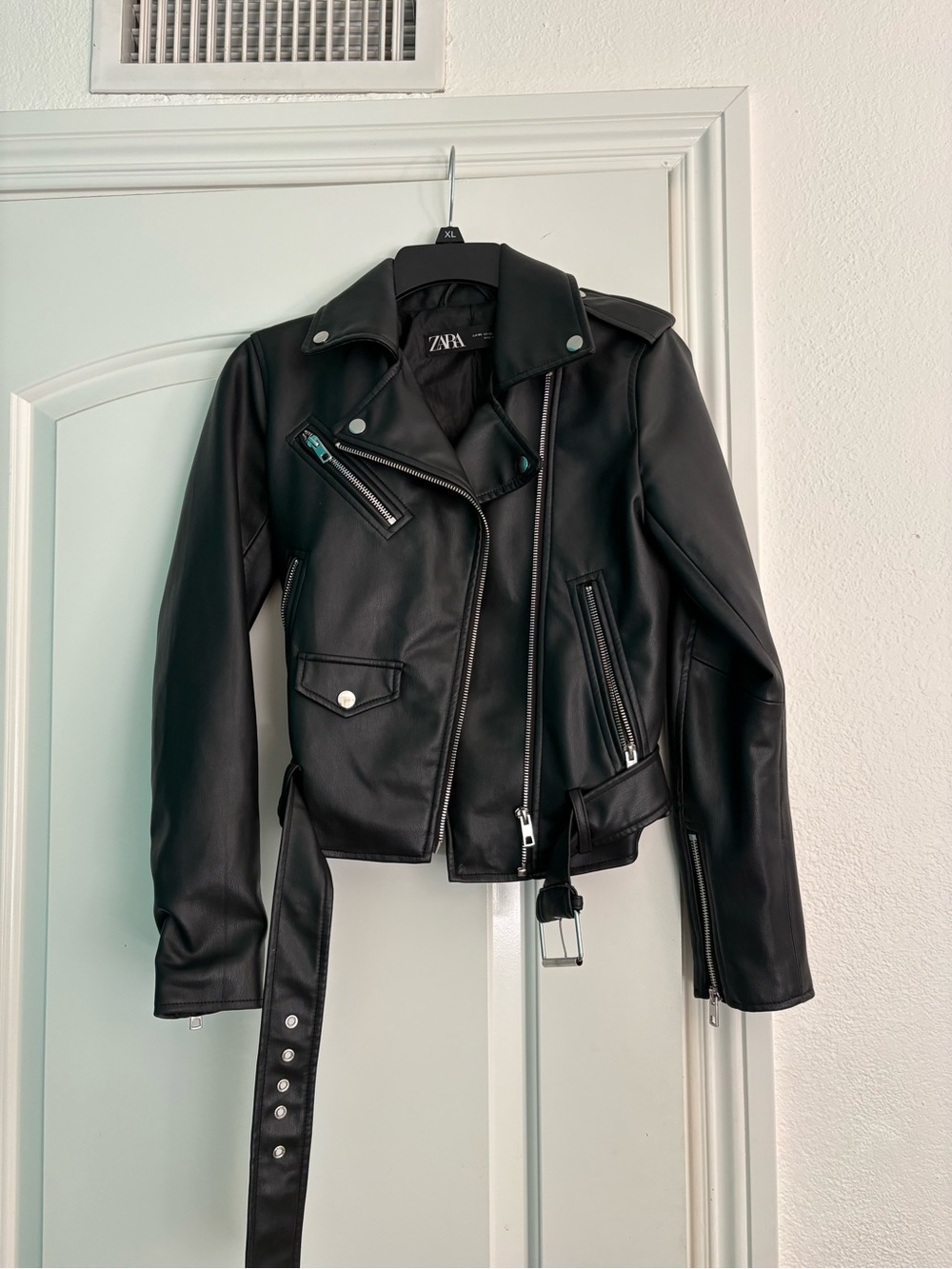 Zara Black Faux Leather Moto Jacket with Belt